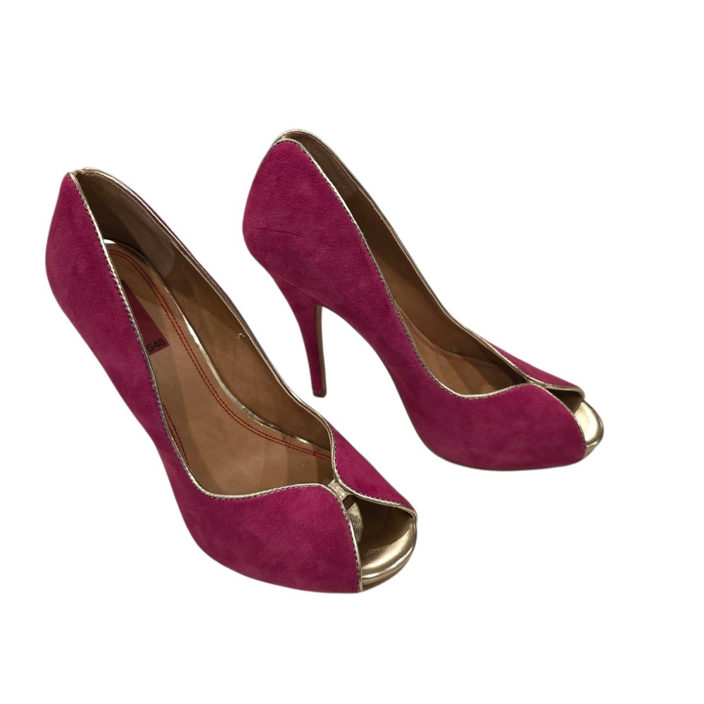 Saks 5/48 Carnie‎ Fuchsia Suede Leather Peep Toe Stiletto Pump Gold Trim EU 38.5